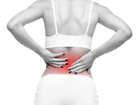 Woman experiencing upper and lower back pain, with the affected area highlighted in red